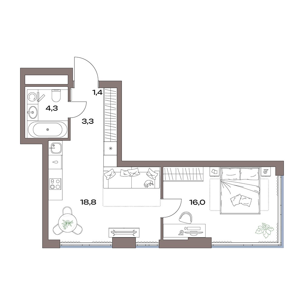 Планировка 43.8 м²