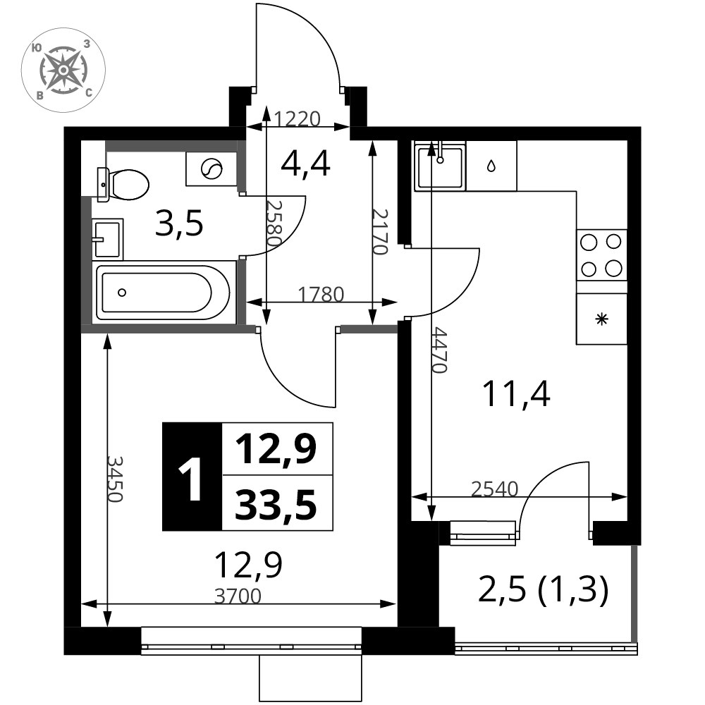 Планировка 33.5 м²