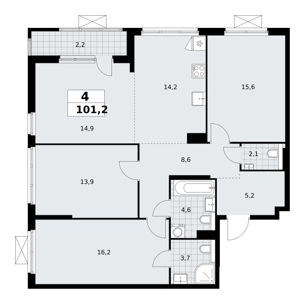 Планировка: 4-комнатная, 101.3 м²