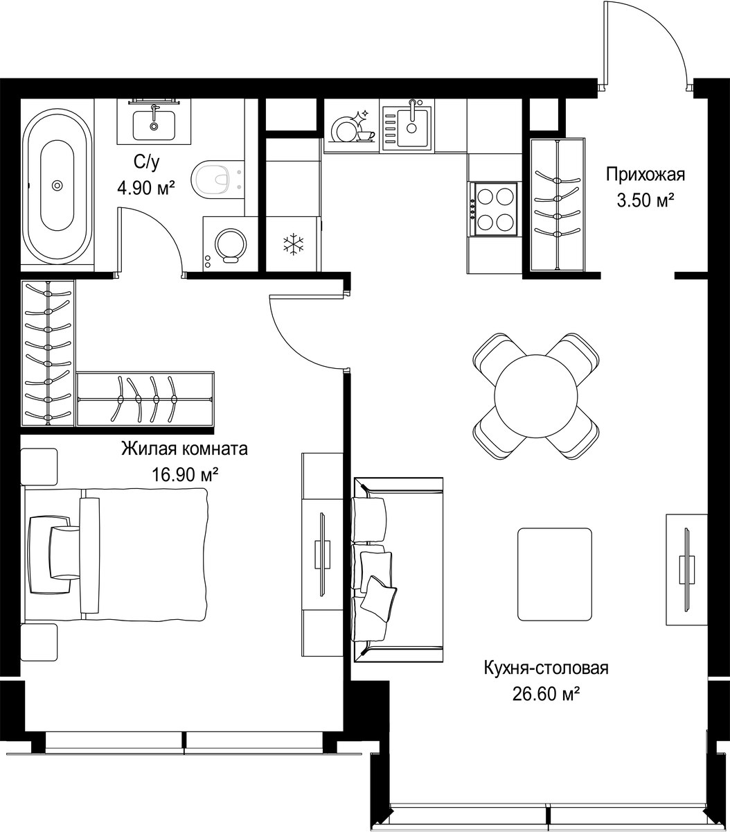 Планировка: 1-комнатная, 51.9 м²