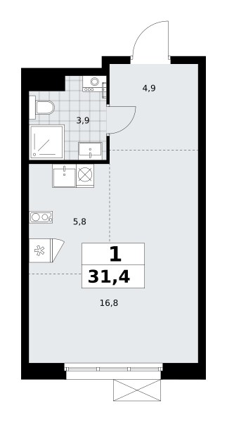 Планировка: 1-комнатная, 31.4 м²