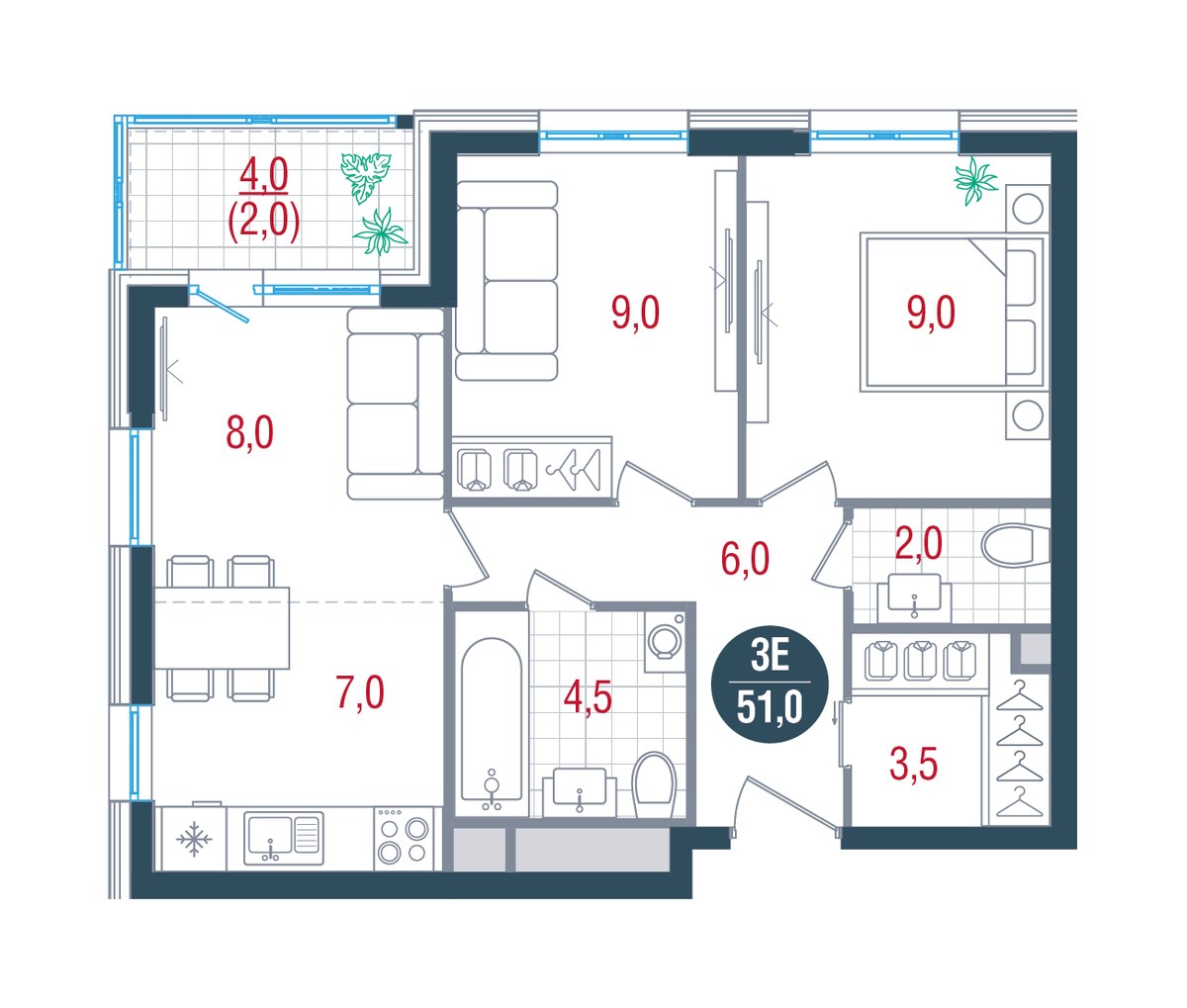 Планировка 51.0 м²