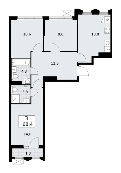 Планировка: 3-комнатная, 68.4 м²