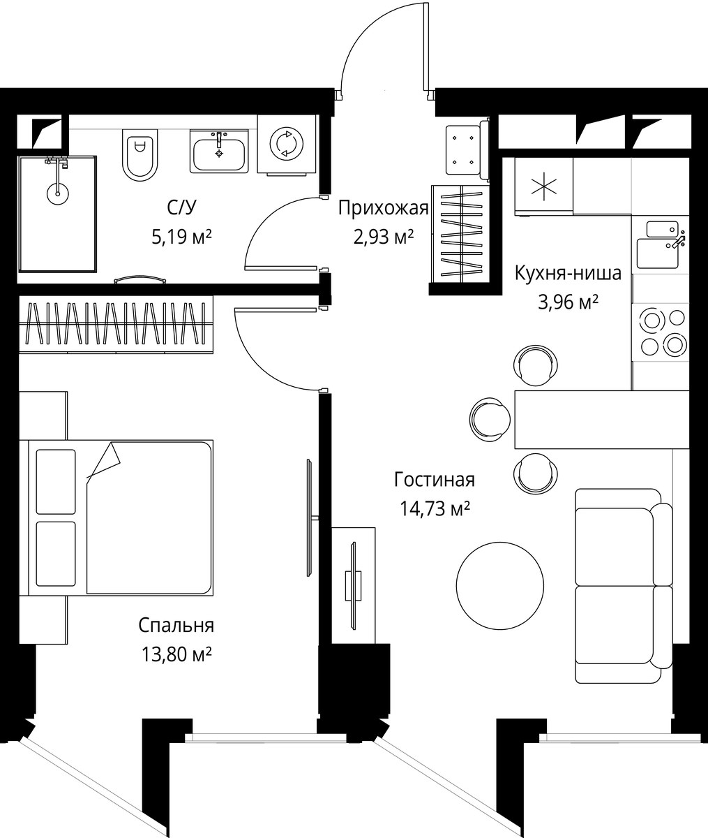 Планировка: 1-комнатная, 40.4 м²