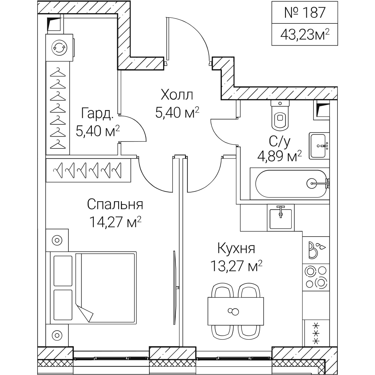 Планировка: 1-комнатная, 43.23 м²