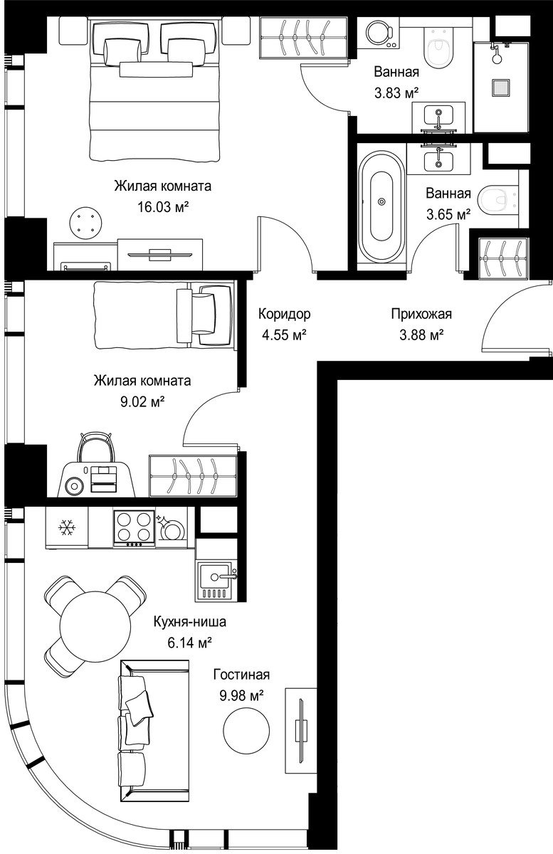 Планировка 57.08 м²