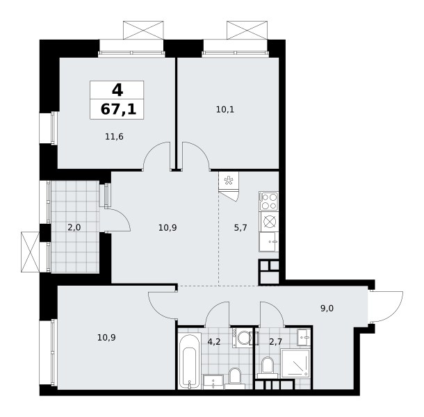 Планировка: 4-комнатная, 67.1 м²