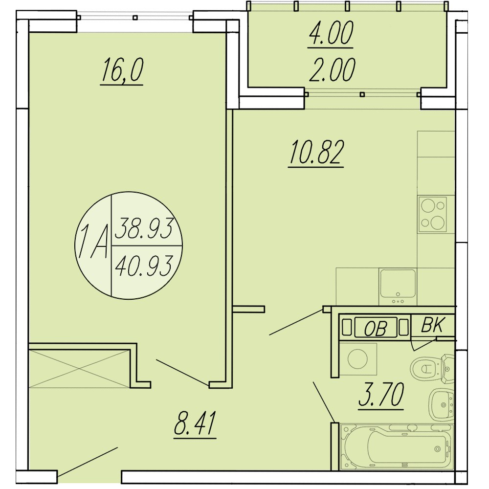 Планировка: 1-комнатная, 40.93 м²
