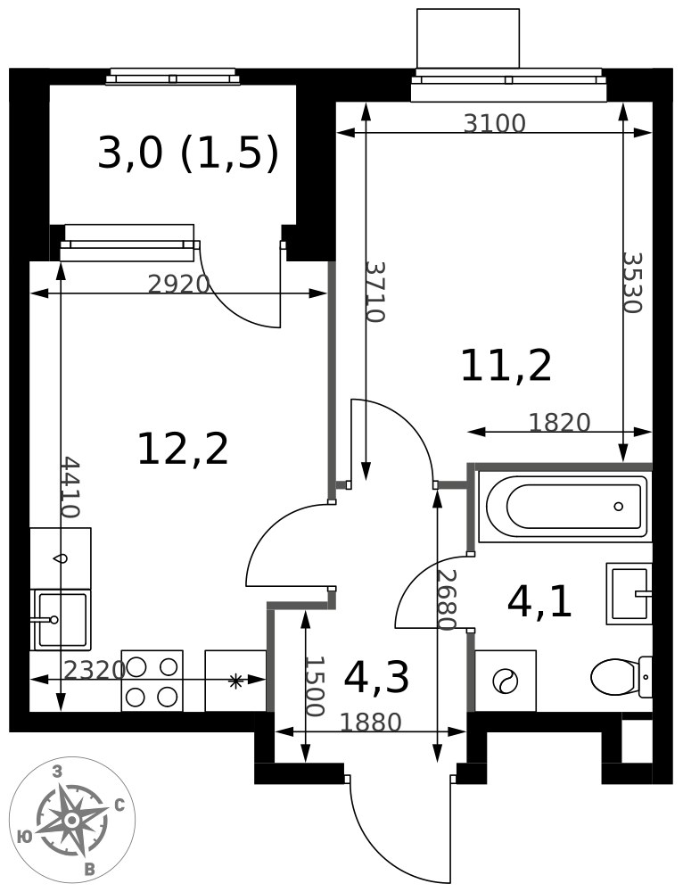 Планировка 33.3 м²