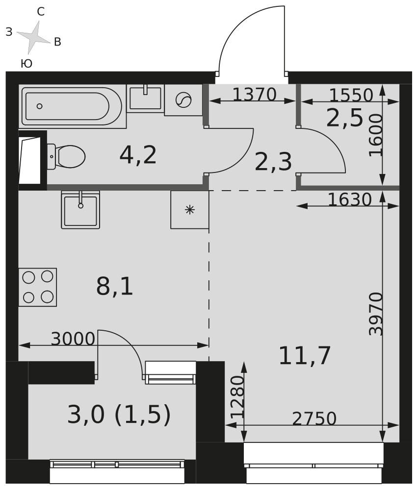 Планировка 30.3 м²