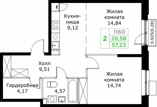 Планировка 56.9 м²