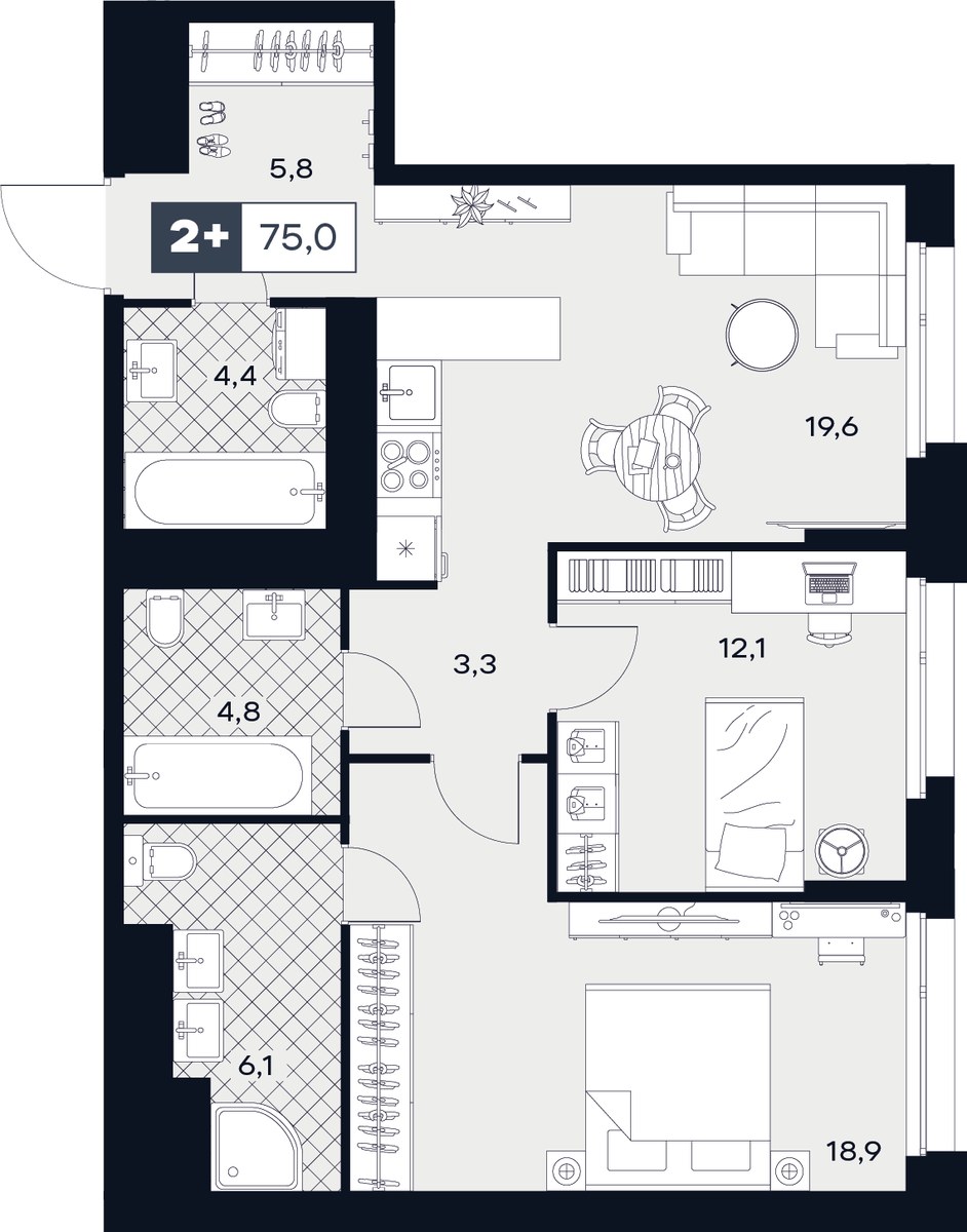 Планировка 75.0 м²