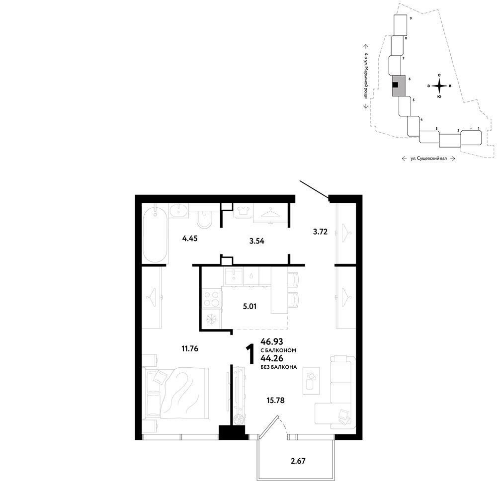 Планировка 46.93 м²