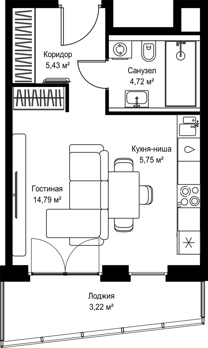 Планировка: 1-комнатная, 33.91 м²