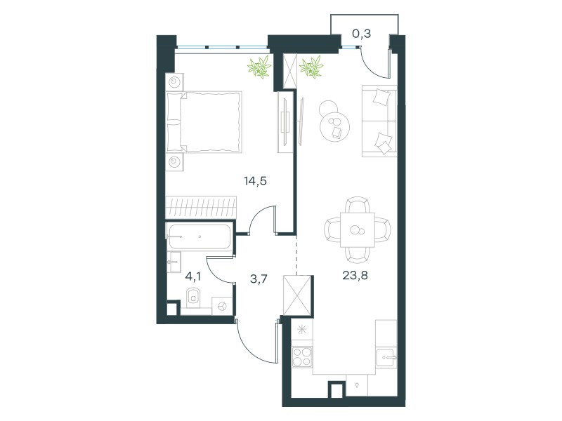 Планировка: 1-комнатная, 46.4 м²