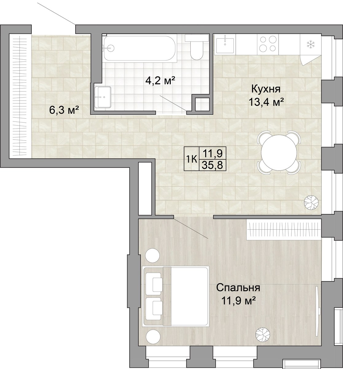 Планировка 35.8 м²