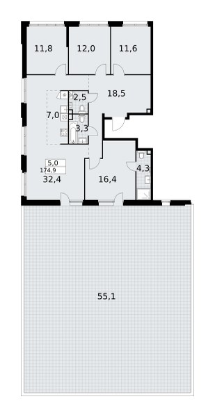 Планировка: 5-комнатная, 174.9 м²
