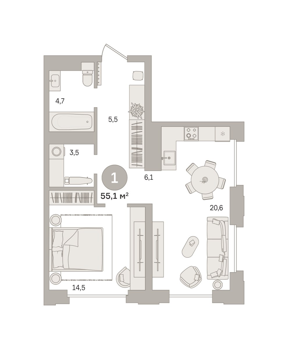 Планировка 55.07 м²