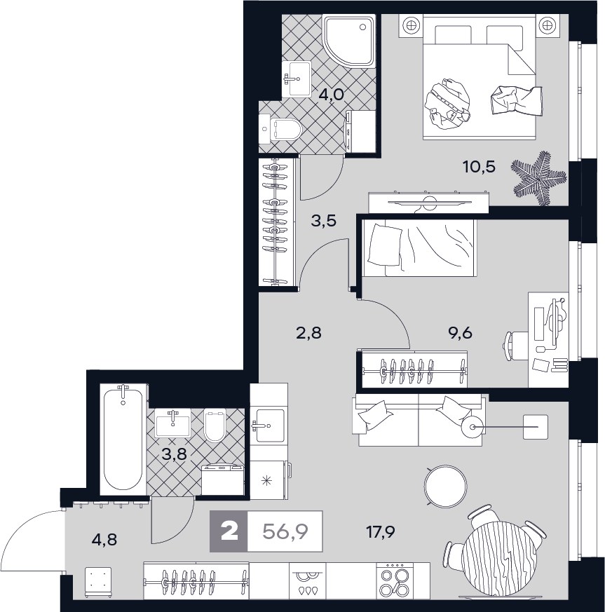 Планировка 56.9 м²