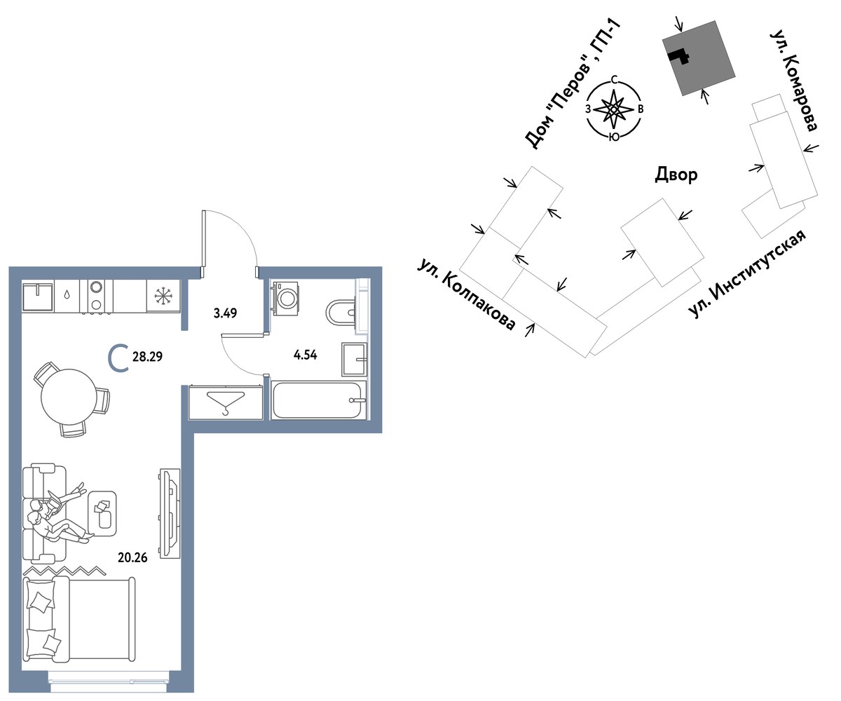 Планировка: 1-комнатная, 28.29 м²