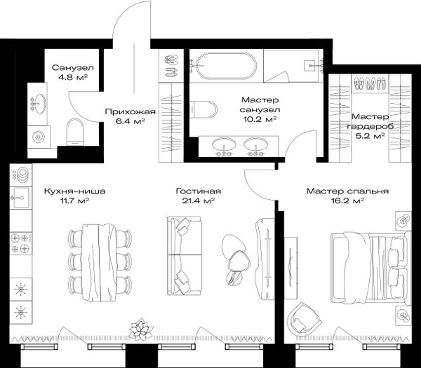 Планировка: 1-комнатная, 75.9 м²