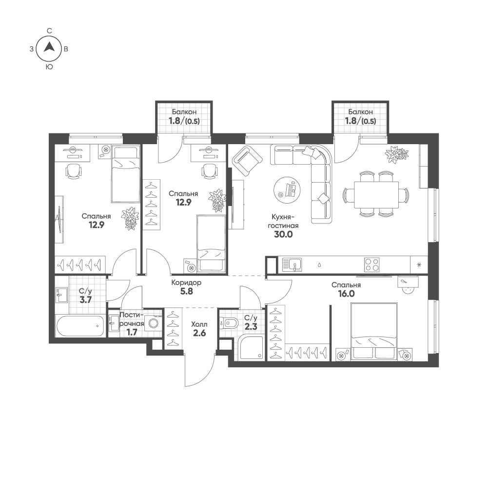 Планировка 88.9 м²