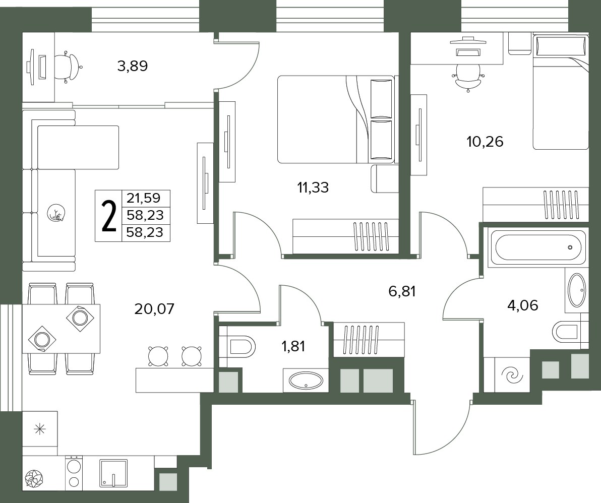 Планировка 58.23 м²