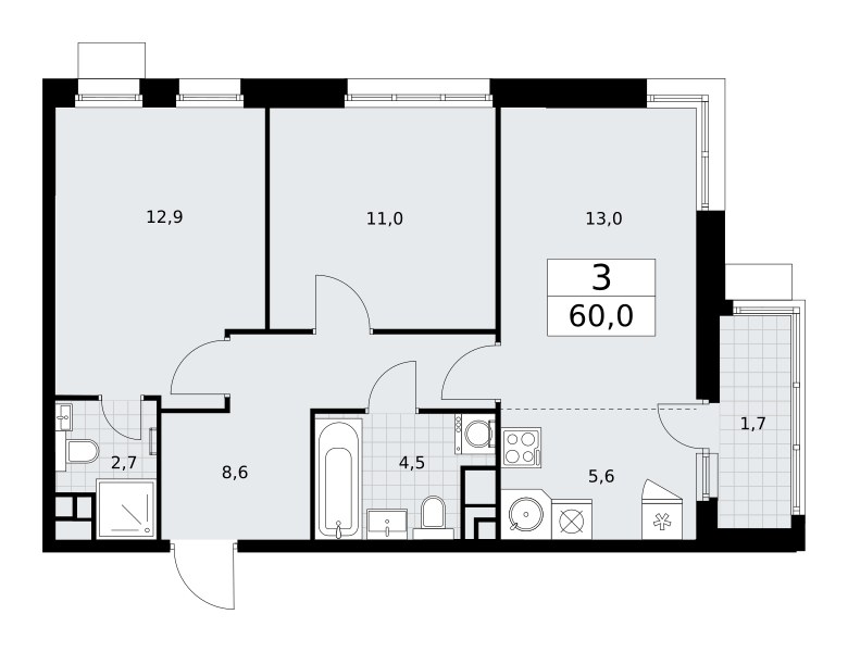 Планировка: 3-комнатная, 60.0 м²