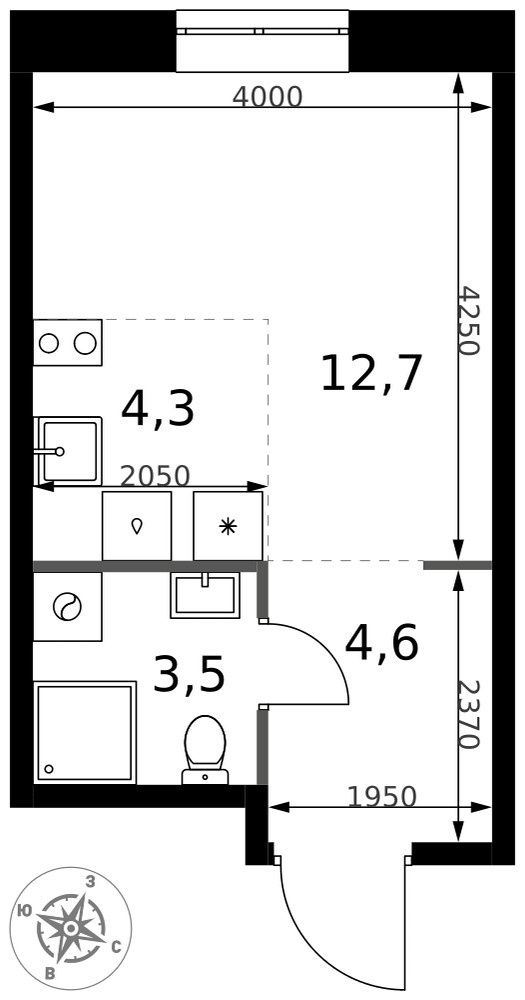 Планировка: Студия, 25.1 м²