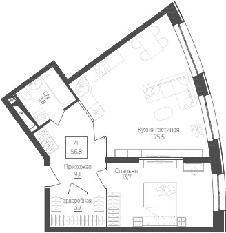 Планировка 56.8 м²
