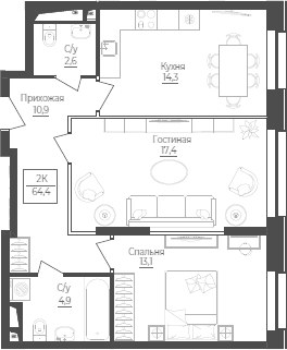 Планировка 64.4 м²