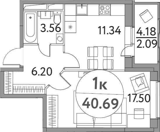 Планировка 40.69 м²