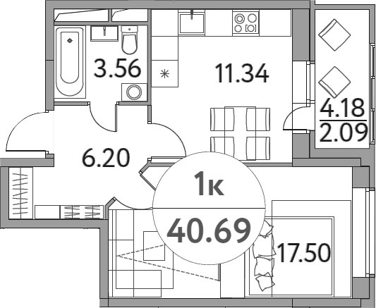 Планировка 40.69 м²