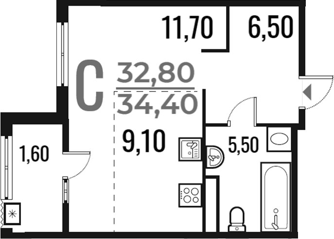 Планировка 34.4 м²