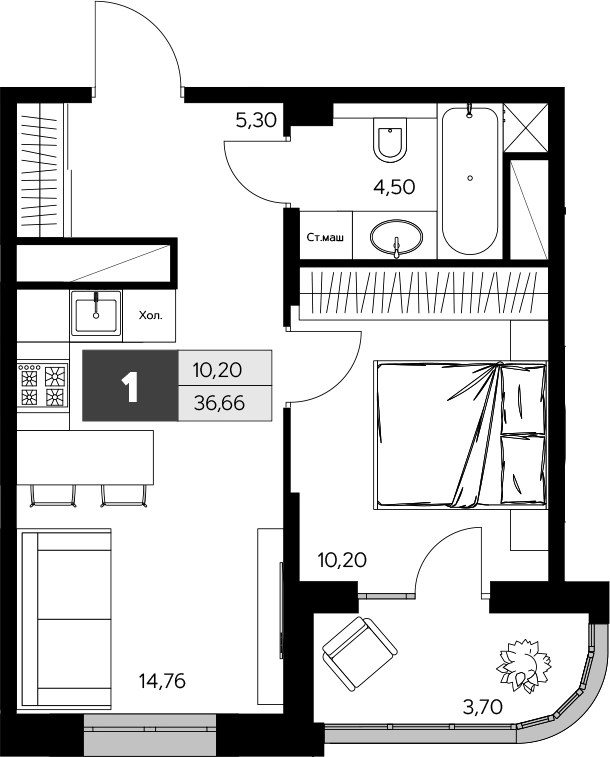 Планировка 36.66 м²