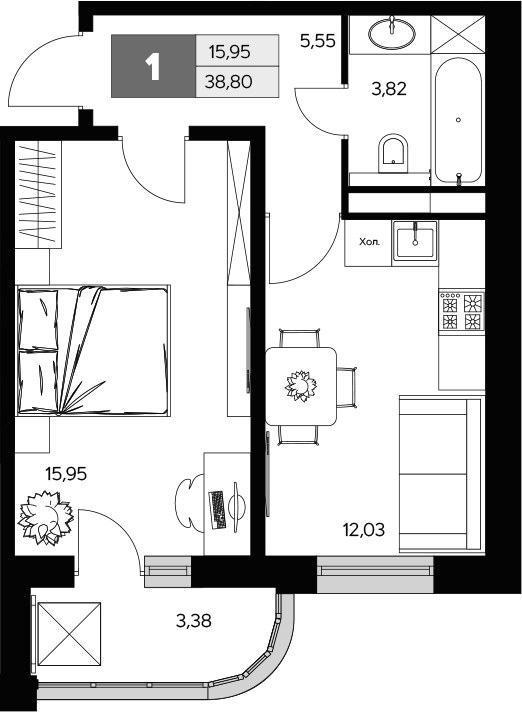 Планировка 38.8 м²