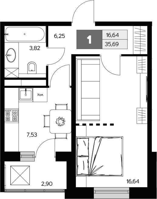 Планировка 35.69 м²