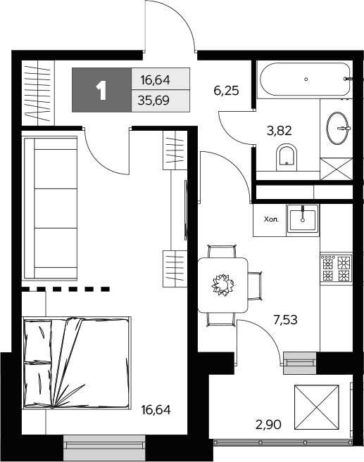 Планировка 35.69 м²