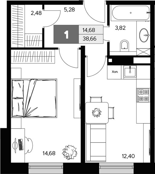 Планировка 38.66 м²