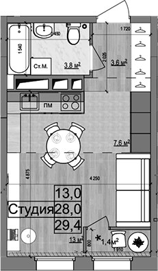 Планировка 29.4 м²