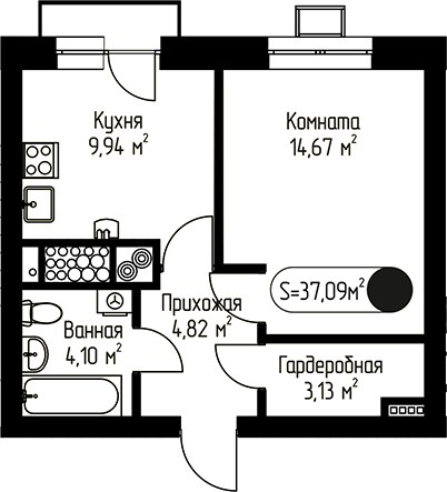 Планировка 37.09 м²