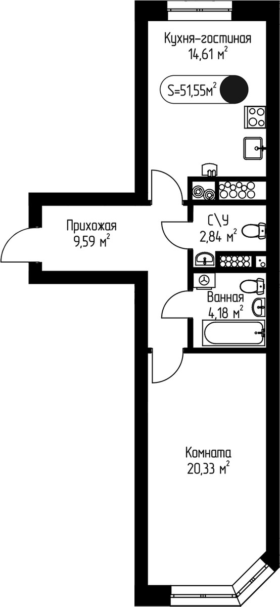 Планировка 51.55 м²