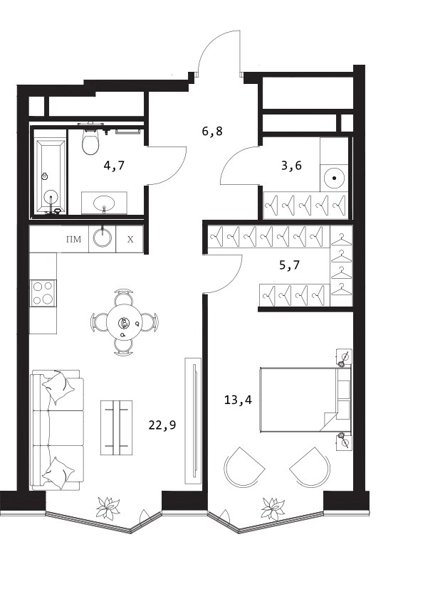 Планировка 57.1 м²