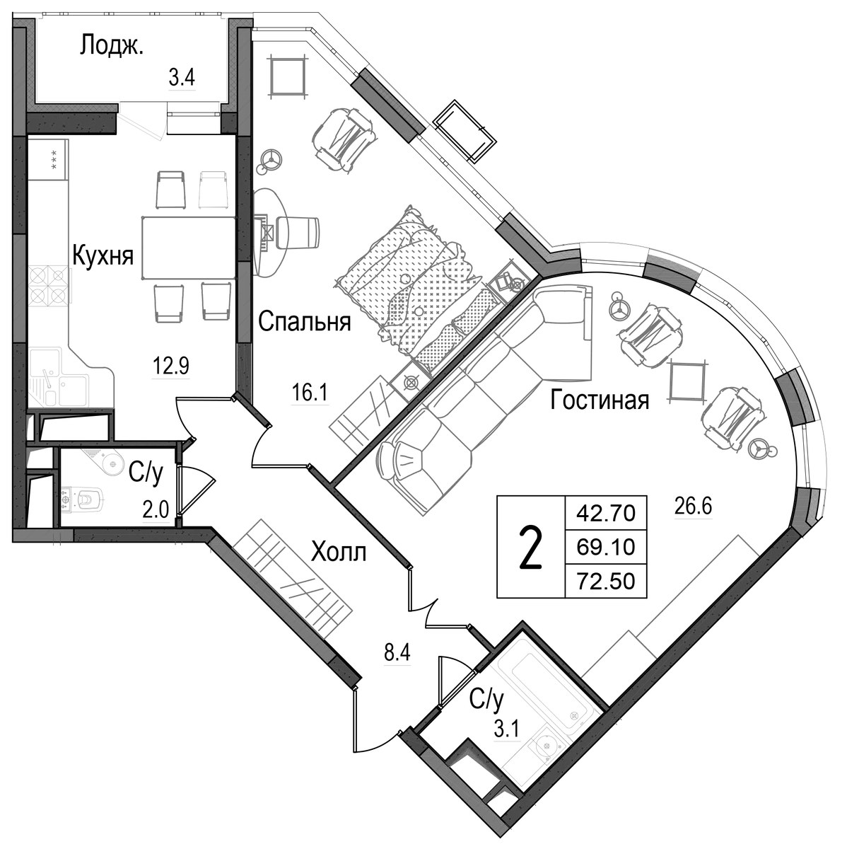 Планировка 73.2 м²