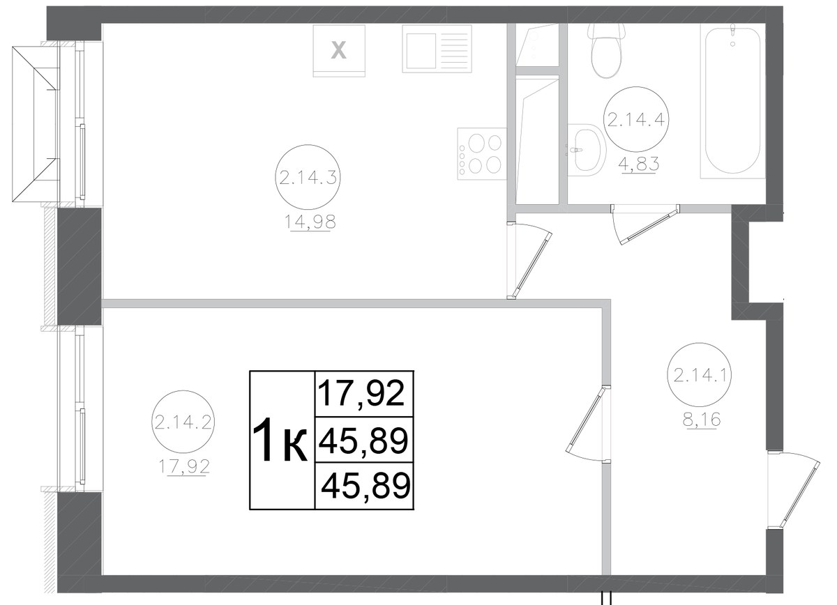 Планировка 45.89 м²
