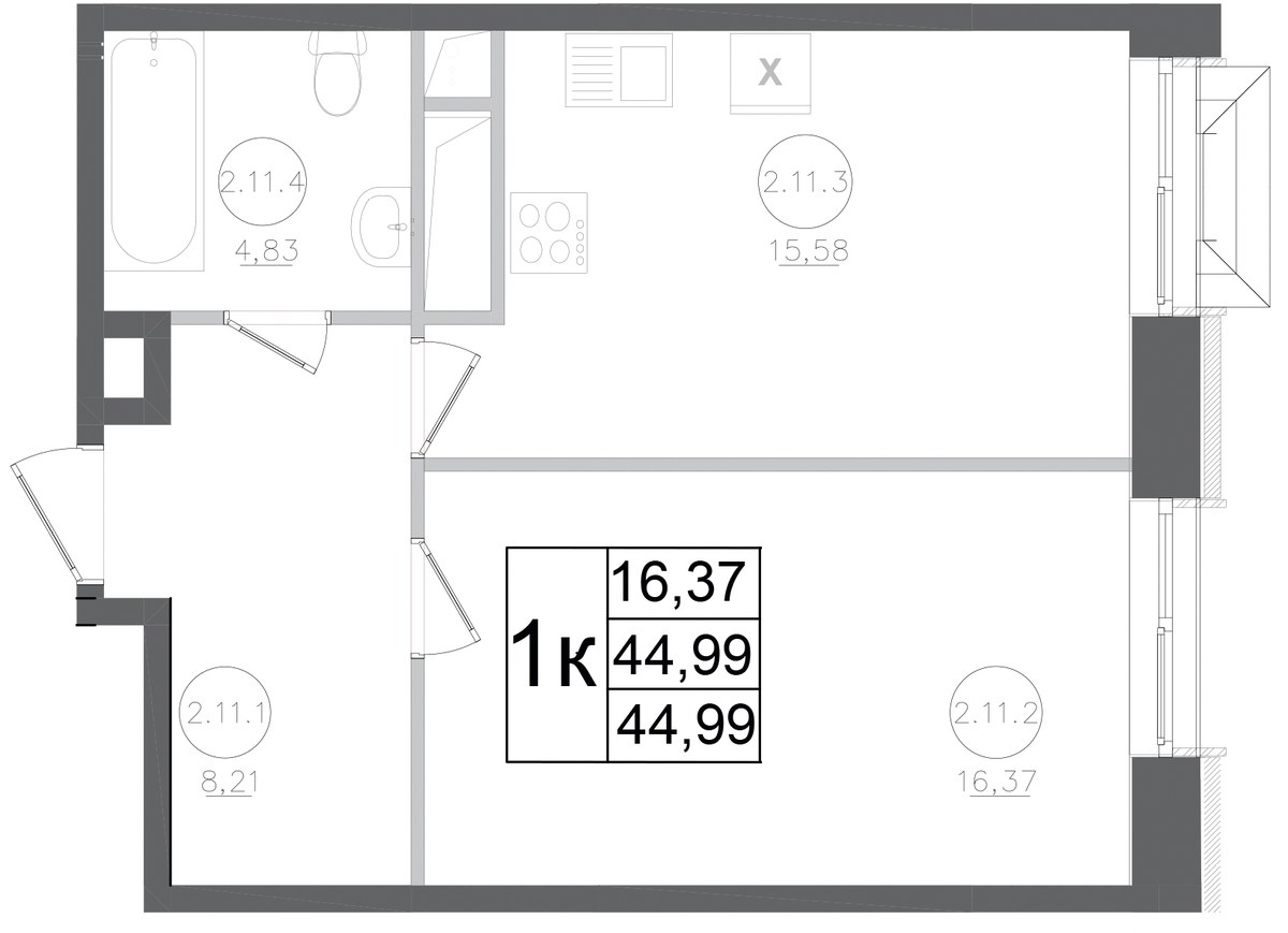 Планировка 44.99 м²