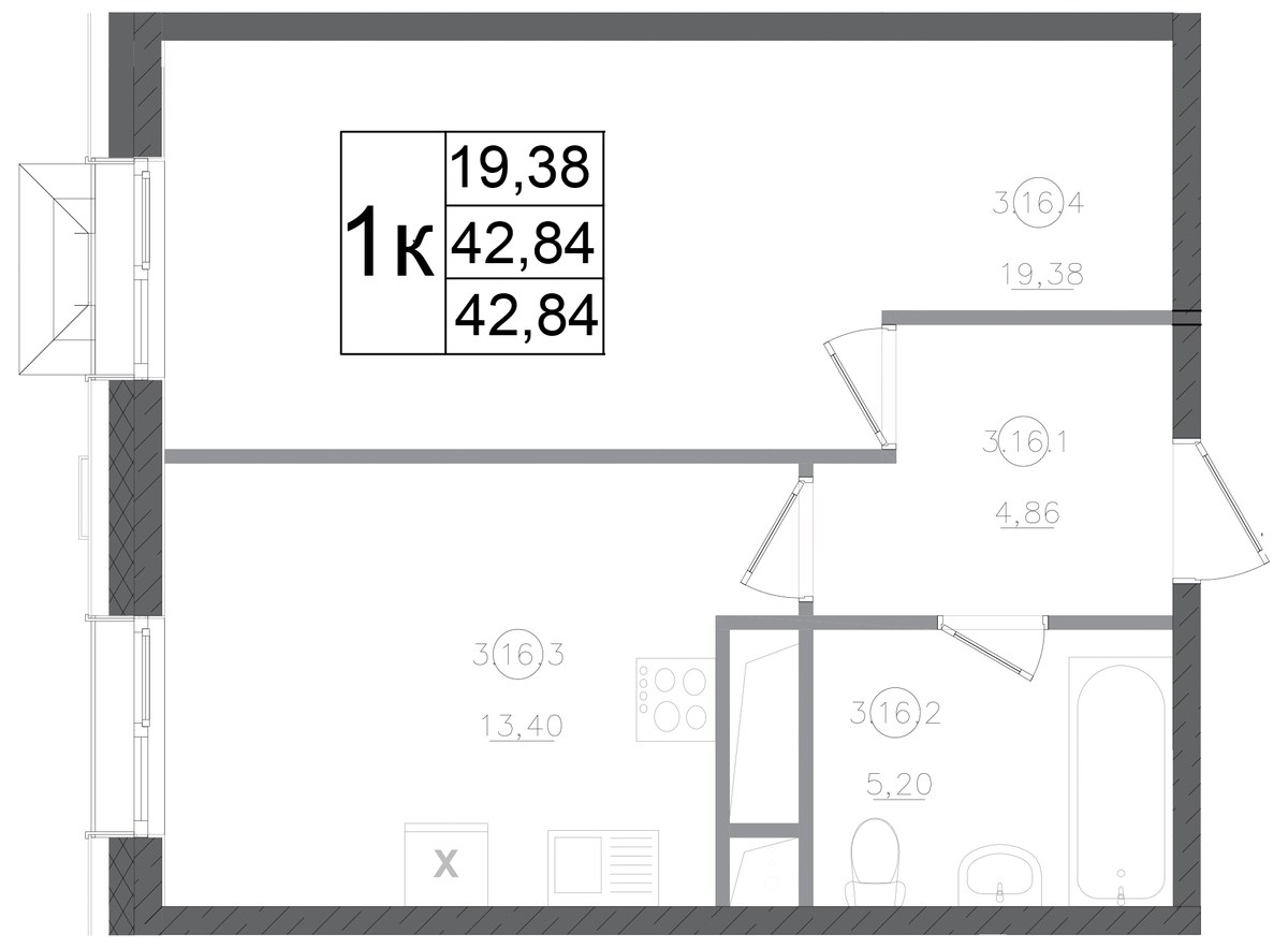 Планировка 42.84 м²