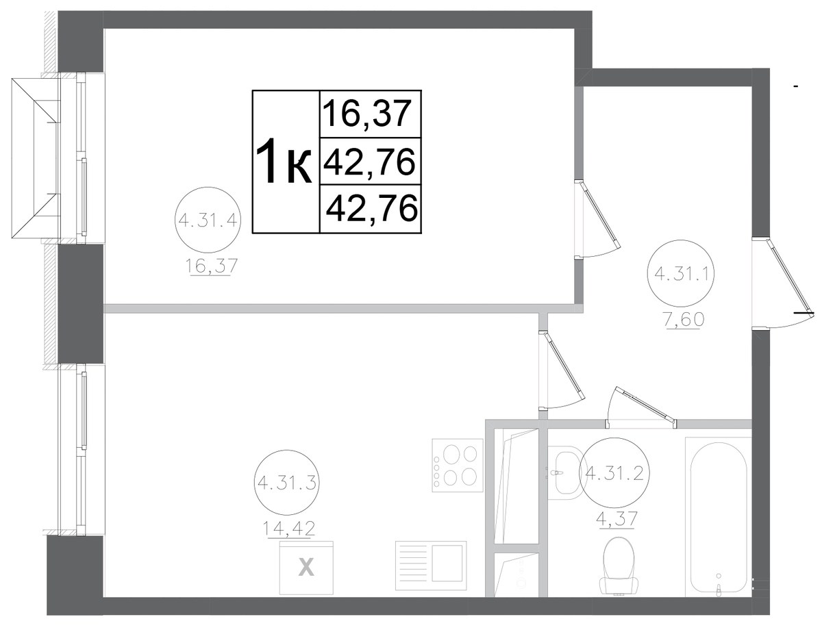 Планировка 42.76 м²