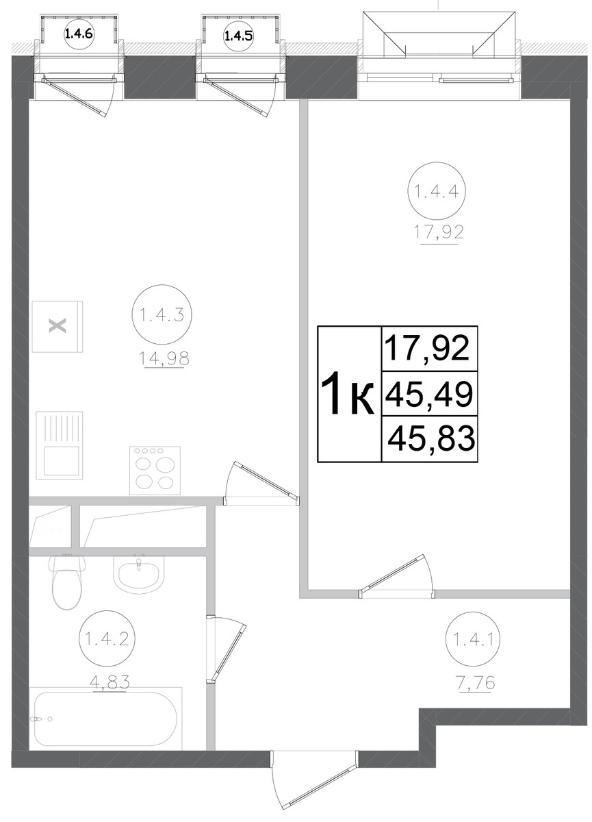 Планировка 45.83 м²