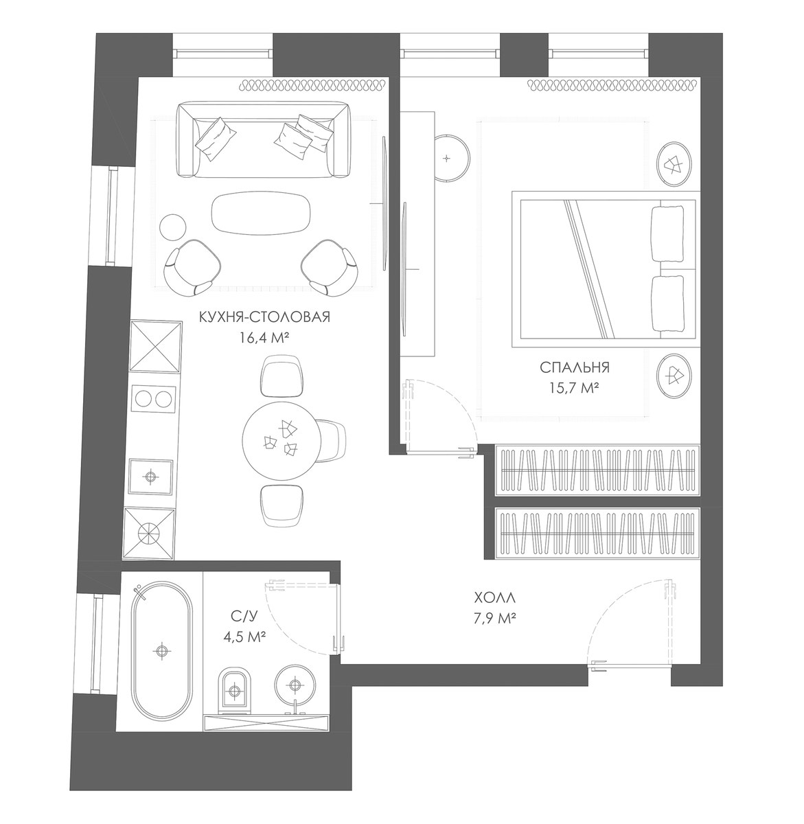 Планировка 44.5 м²